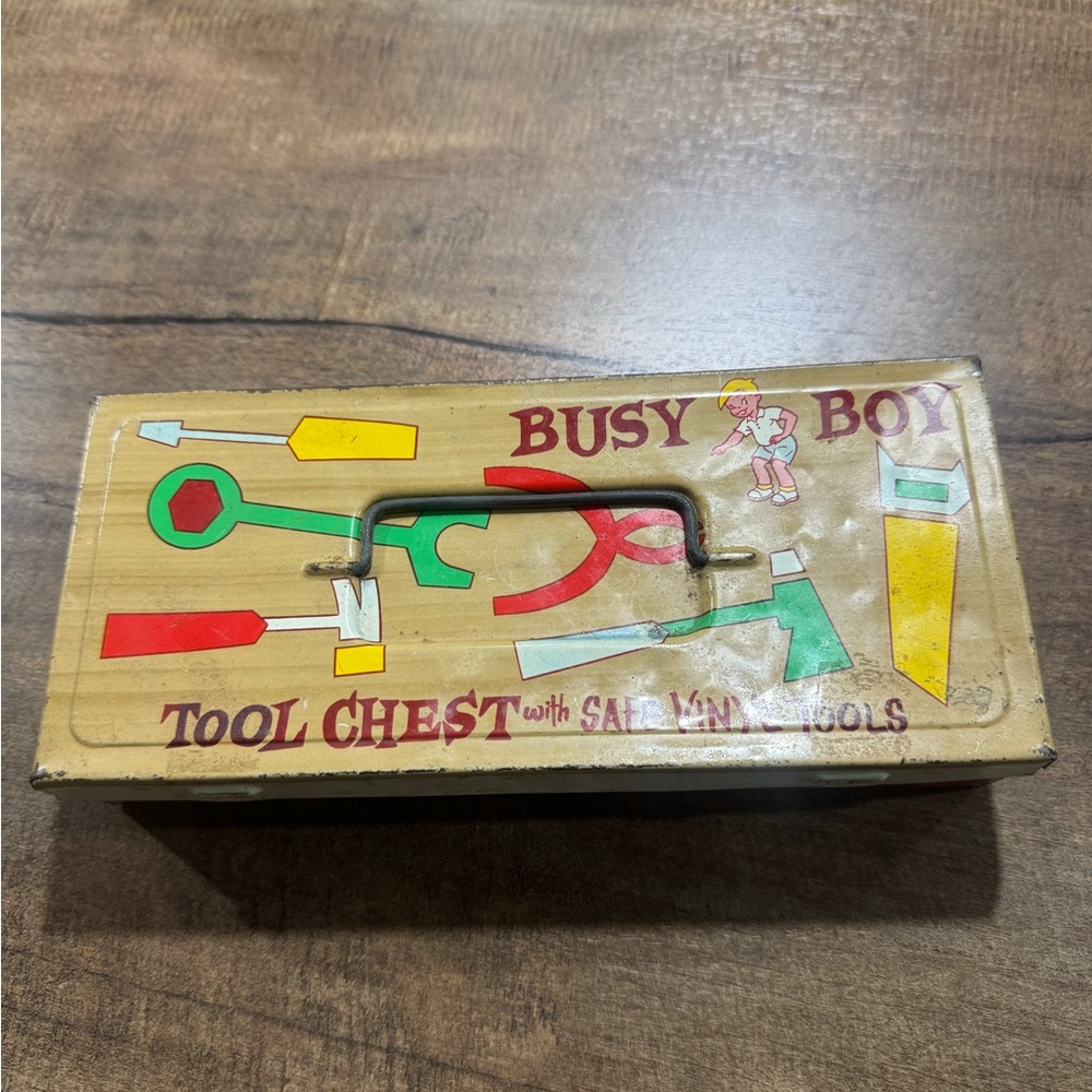 OHIO ART BUSY BOY TIN TOOL CHEST WITH SAFE VINYL TOOLS. PLIERS & 2 SCREWDRIVERS.